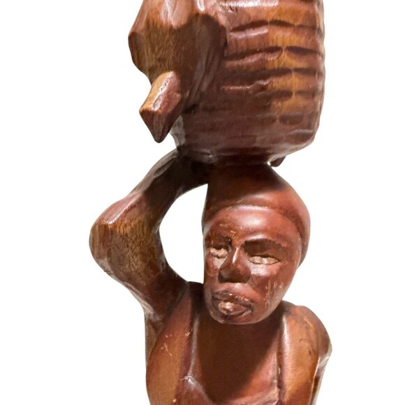 Hand-Carved Wooden African Woman Figurine with Basket Decor - Picture 2 of 10